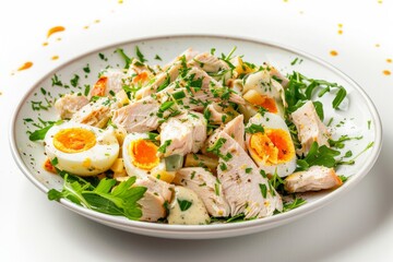 Chicken Mayonnaise Salad with Sliced Poultry Meat, Quail Eggs, Greens, Olivier Salat with Sliced Meat