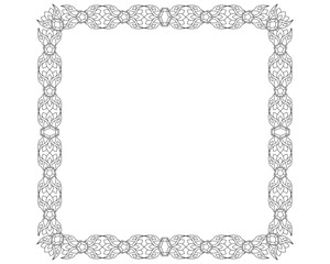 Square frame with Precious stones and plants - vector linear drawing for coloring in magical, elven style. Outline. Frame for creating ornaments, template for creativity.