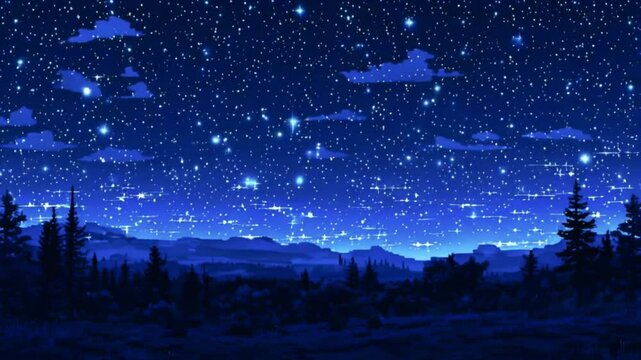 Pixel Art Night Sky with Bright Stars, White Clouds, and Layers of Forest, Rolling Hills, and Glowing Horizon