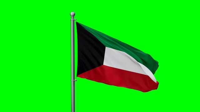 Kuwait flag waving in the wind with colored chroma key with green background