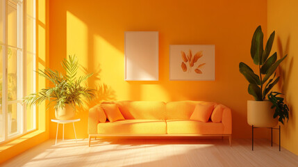 A simple, light orange room with furniture and decorations. The background is bright, leaving space for text or images. This 3D image is perfect for websites, presentations, or picture frames.