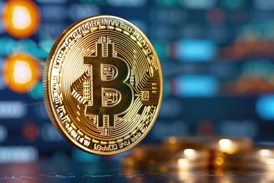 A closeup of a golden Bitcoin coin spinning in midair, surrounded by digital code and blockchain patterns, capturing the essence of cryptocurrency technology