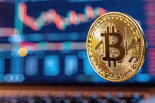 A closeup of a golden Bitcoin coin spinning in midair, surrounded by digital code and blockchain patterns, capturing the essence of cryptocurrency technology