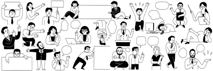 businespeople, man and woman, pointing, presenting with copy space and speech bubbles. Outline, linear, thin line art, black and white ink style.