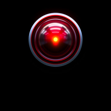 Red robotic eye glowing in the dark background