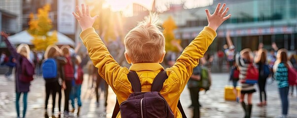 A child arriving at their first day of school, eager and excited, while older students wave goodbye on their last day, ready for new journeys