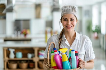 A cheerful housekeeper in a neat uniform holding a basket full of colorful cleaning supplies, standing in a sparkling modern kitchen with bright natural light