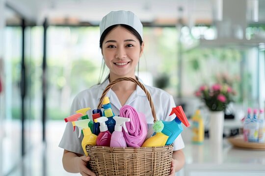 A cheerful housekeeper in a neat uniform holding a basket full of colorful cleaning supplies, standing in a sparkling modern kitchen with bright natural light