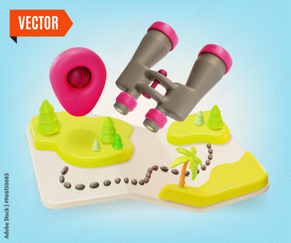 Poster 3d travel and tourism concept cartoon design style. vector illustration of binoculars and map floati