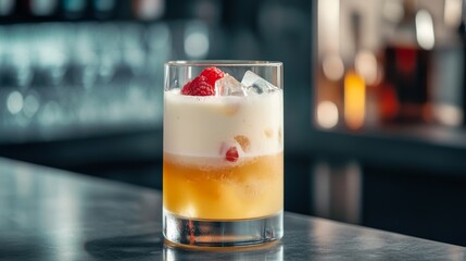A refreshing cocktail served in a glass, featuring ice, layered colors, and garnished with raspberries.