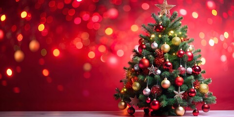 Obraz premium Christmas Tree With Ornament And Bokeh Lights In Red Background