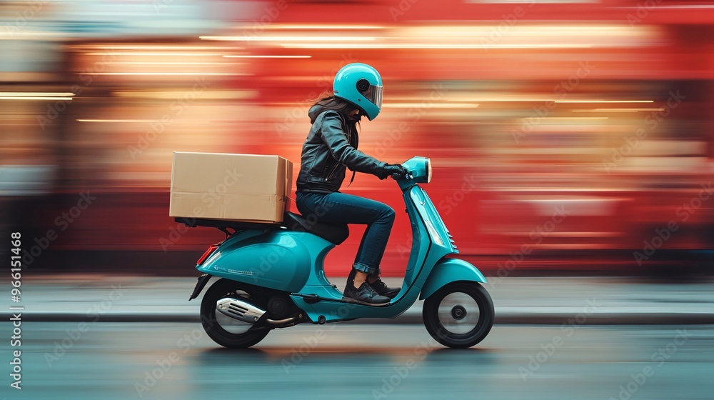 Poster clay-style delivery person riding a scooter through vibrant streets carrying a large parcel on the b