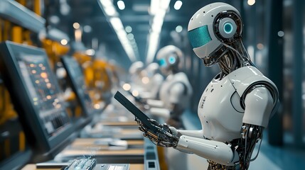Fototapeta premium Futuristic Robot Worker on Factory Floor with Tablet
