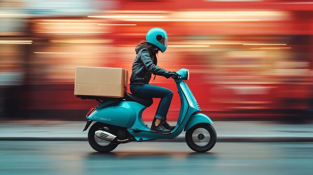 Clay-style delivery person riding a scooter through vibrant streets carrying a large parcel on the back Large space for text in center Stock Photo with copy space