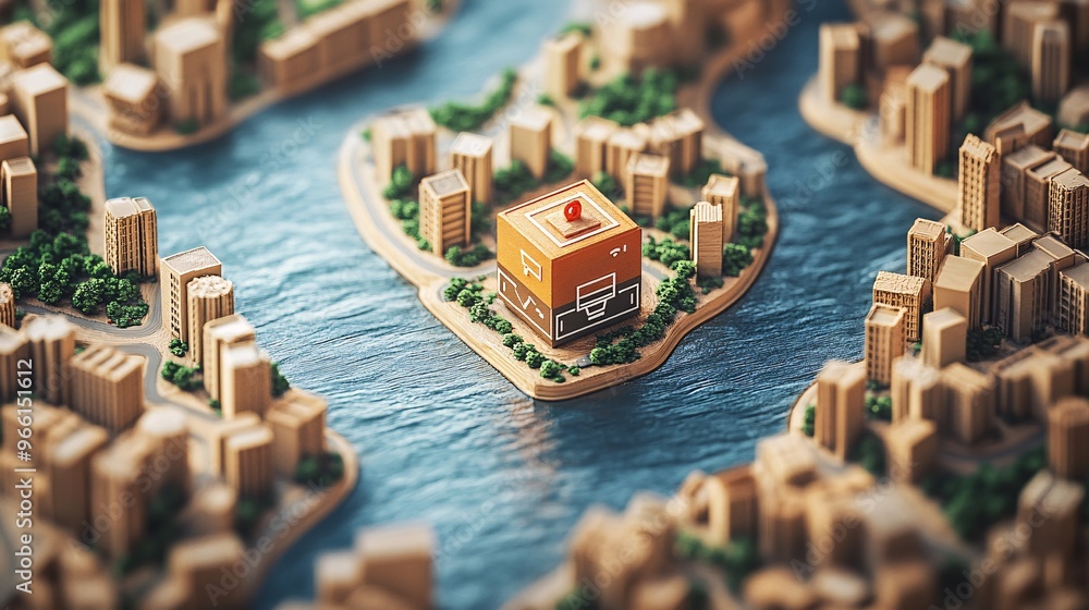 Aufkleber 3D clay render of an app interface with a delivery service map and tracking icons showing routes Large space for text in center Stock Photo with copy space
