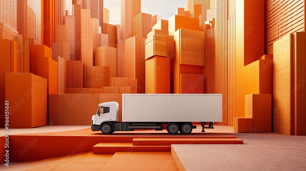 Poster clay-modeled delivery truck with oversized wheels navigating through clay buildings with packages in
