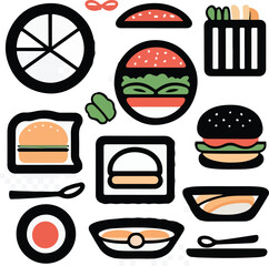 Set of psychedelic fast food stickers. Groovy acid elements with pizza, burger, sandwich, donut and cocktail with eyes. Food with funny faces. Cartoon flat vector collection isolated on background