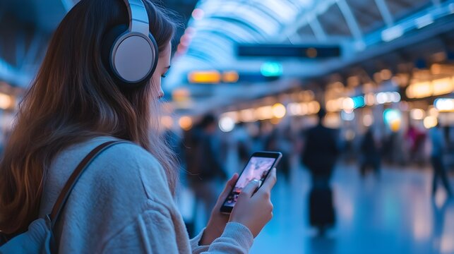 Woman Listening to Music on Headphones While Using Smartphone in Train Station