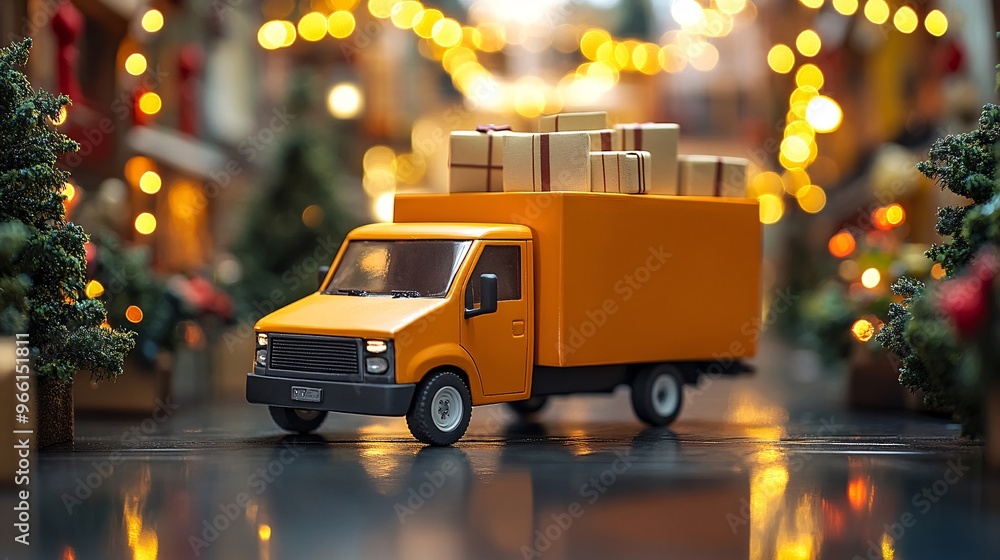 Poster clay-modeled delivery truck with oversized wheels navigating through clay buildings with packages in