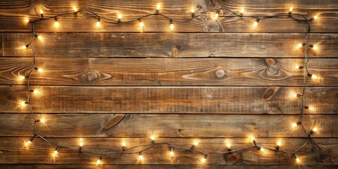Rustic wood background with string lights and textured border