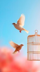 Fototapeta premium A bird soaring in the open sky, next to a bird in a closed cage, symbolizing freedom vs. captivity