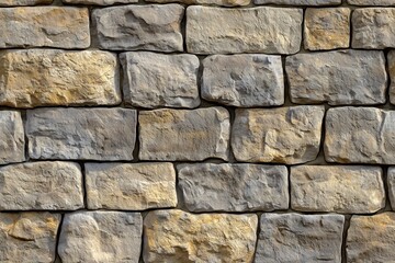 Fototapeta premium A textured coursed stone cladding wall made of irregularly shaped stones in various shades of gray and beige. The stones are arranged in a staggered pattern, creating a rustic and natural appearance.