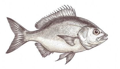 Obraz premium Fish sketch dorado gilt-head bream. Vintage retro print, black white gilt-head bream fish sketch ink pencil style drawing, linear drawing, engrave old school. Sketch artwork dorado fish. Illustration