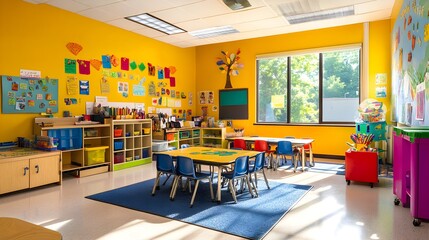 Colorful Classroom Interior with Tables and Chairs  Kids Playroom  Learning Environment