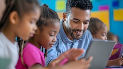Diverse Students Learning with Teacher Using Tablet in Classroom