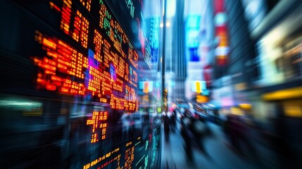 Vibrant cityscape with illuminated stock market display at dusk showcasing financial activity and urban life in motion