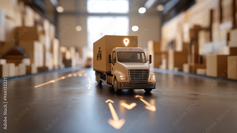 Poster Clay-style map with delivery route marked by arrows and icons of various transportation modes such as a truck and bike Large space for text in center Stock Photo with copy space