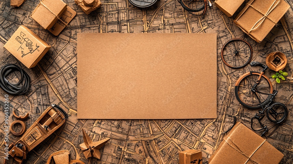 Aufkleber Clay-style map with delivery route marked by arrows and icons of various transportation modes such as a truck and bike Large space for text in center Stock Photo with copy space