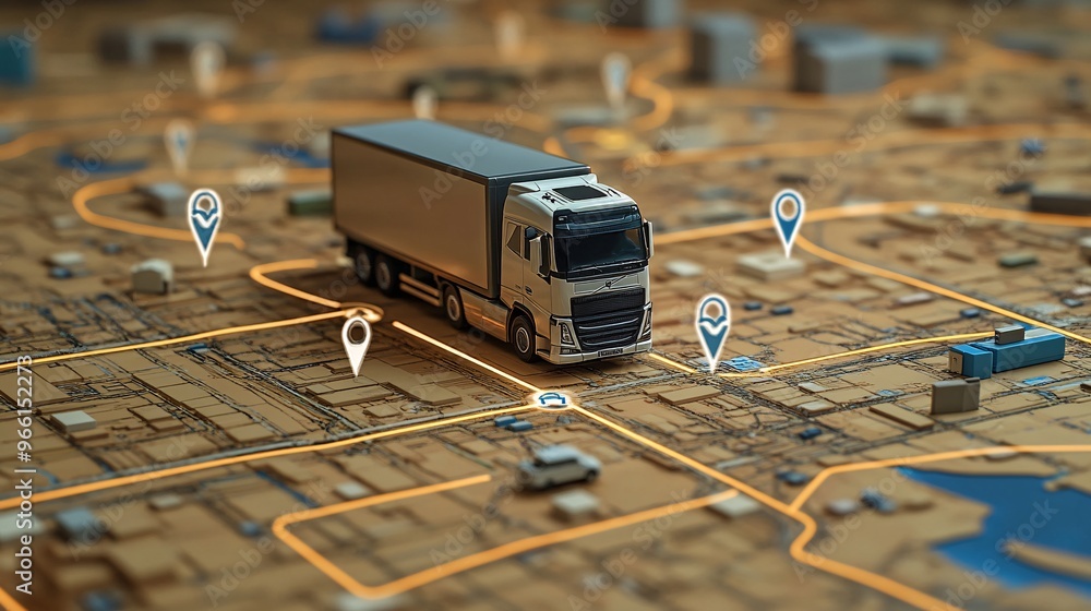 Poster Clay-style map with delivery route marked by arrows and icons of various transportation modes such as a truck and bike Large space for text in center Stock Photo with copy space