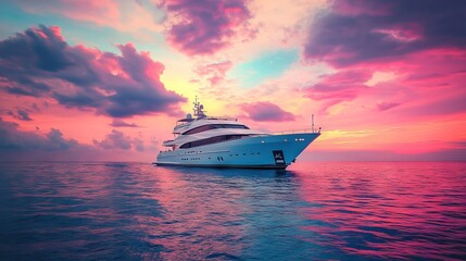 Fototapeta premium Luxury Yacht Sailing at Sunset on Calm Ocean - AI generated illustration