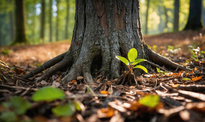 Obraz premium A small sapling grows at the base of a large tree in a forest