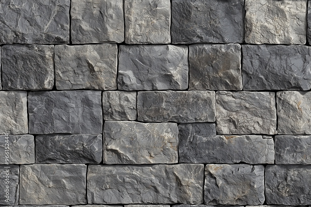 Poster a textured wall made of rectangular slate coursed stone cladding in various shades of gray, arranged