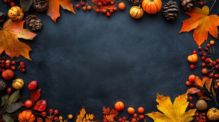 Autumn or Thanksgiving decoration arranged at the top border of a dark table. Copy space