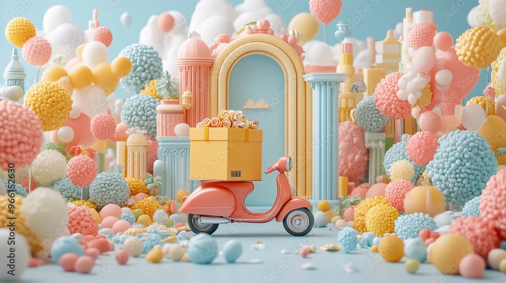Poster colorful clay render of a scooter with a delivery box on the back zooming through a bright city scen