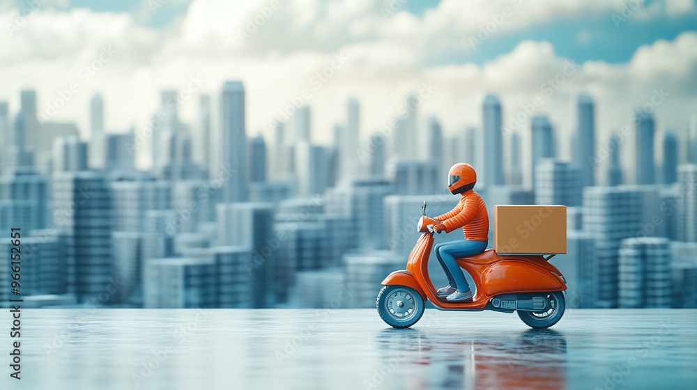 Poster colorful clay render of a scooter with a delivery box on the back zooming through a bright city scen