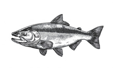Naklejka premium Fish sketch salmon trout. Vintage retro print, black white salmon trout fish sketch ink pencil style drawing, linear drawing, engrave old school. Sketch artwork salmon trout fish. Illustration