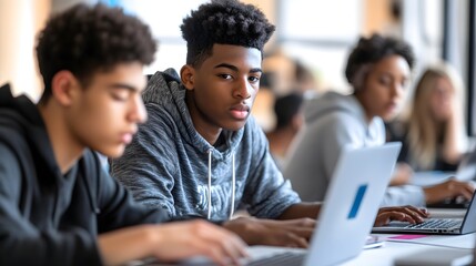 Students Using Laptops in Classroom   Technology Education Concept