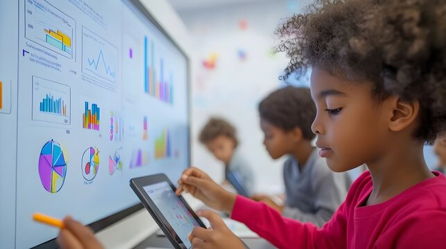 Young Girl Student Learning with Tablet and Interactive Charts in Classroom