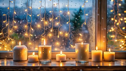Beautiful, flickering candles and twinkling fairy lights illuminating a windowsill on a rainy day
