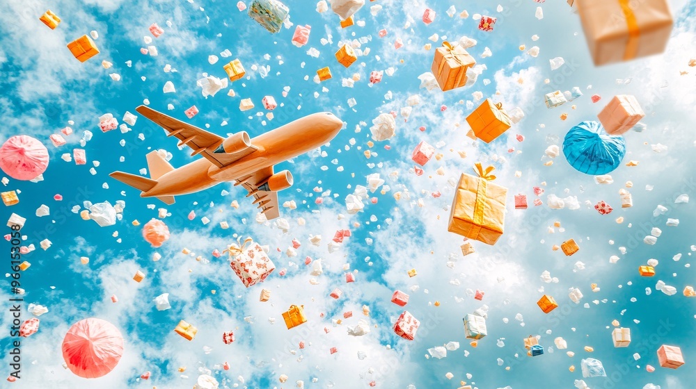 Poster clay-modeled airplane flying through a colorful sky with packages dropping down via parachutes large