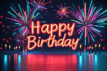 Colorful fireworks display with 'Happy Birthday' sign in neon lights