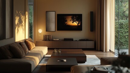 A chic living room with a sectional sofa, modern coffee table, and sleek entertainment unit, highlighted by stylish lighting fixtures and contemporary artwork.
