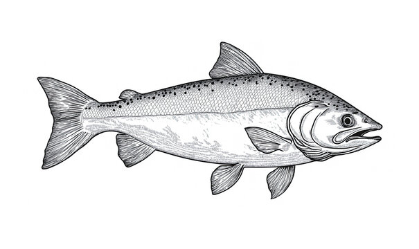 recommend clip art: Fish sketch salmon trout. Vintage retro print, black white salmon trout fish sketch ink pencil style drawing, linear drawing, engrave old school. Sketch artwork salmon trout fish. Illustration