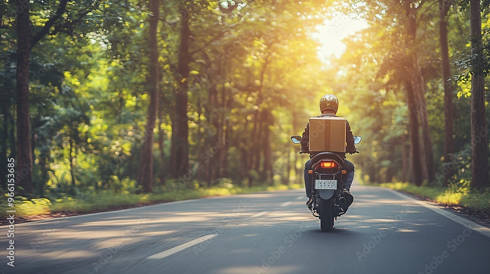 Poster 3D clay-style delivery motorbike with a large package on the back speeding down a road with tall clay trees lining the side Large space for text in center Stock Photo with copy space