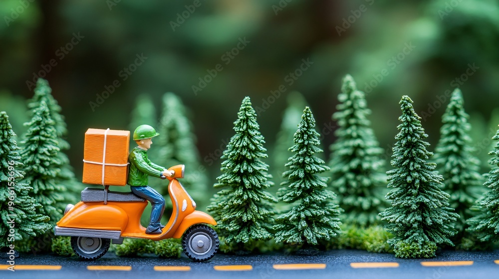 Poster 3D clay-style delivery motorbike with a large package on the back speeding down a road with tall clay trees lining the side Large space for text in center Stock Photo with copy space