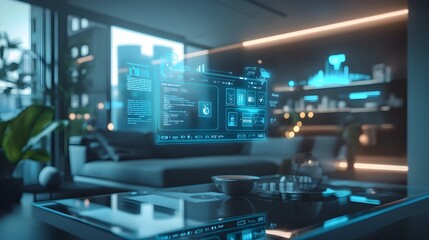 Smart Home Interface with Holographic Display and Modern Interior Design